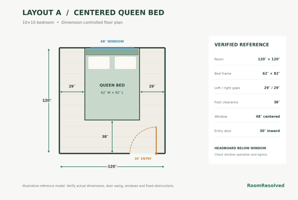 10×10 bedroom floor plan with a centered queen bed, 29-inch clearances on both sides, and 38 inches at the foot.