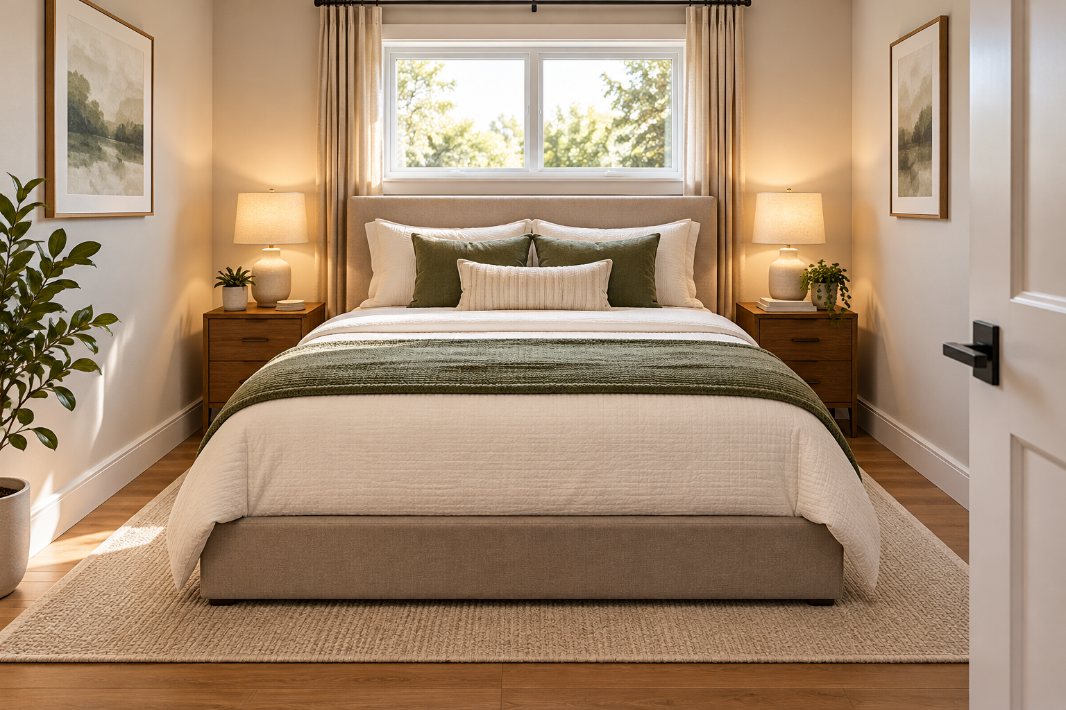Illustrative small bedroom with a centered queen bed beneath a window