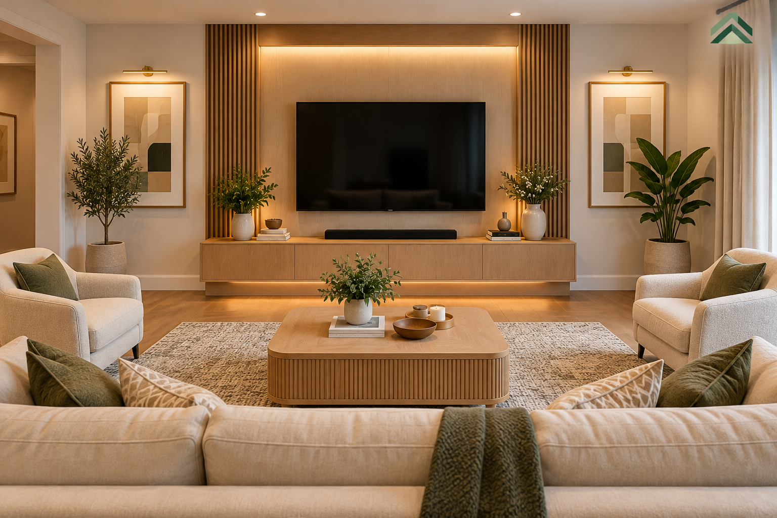 Small living room with a cream sofa facing a centered wall-mounted TV, a wooden coffee table, and warm neutral decor.