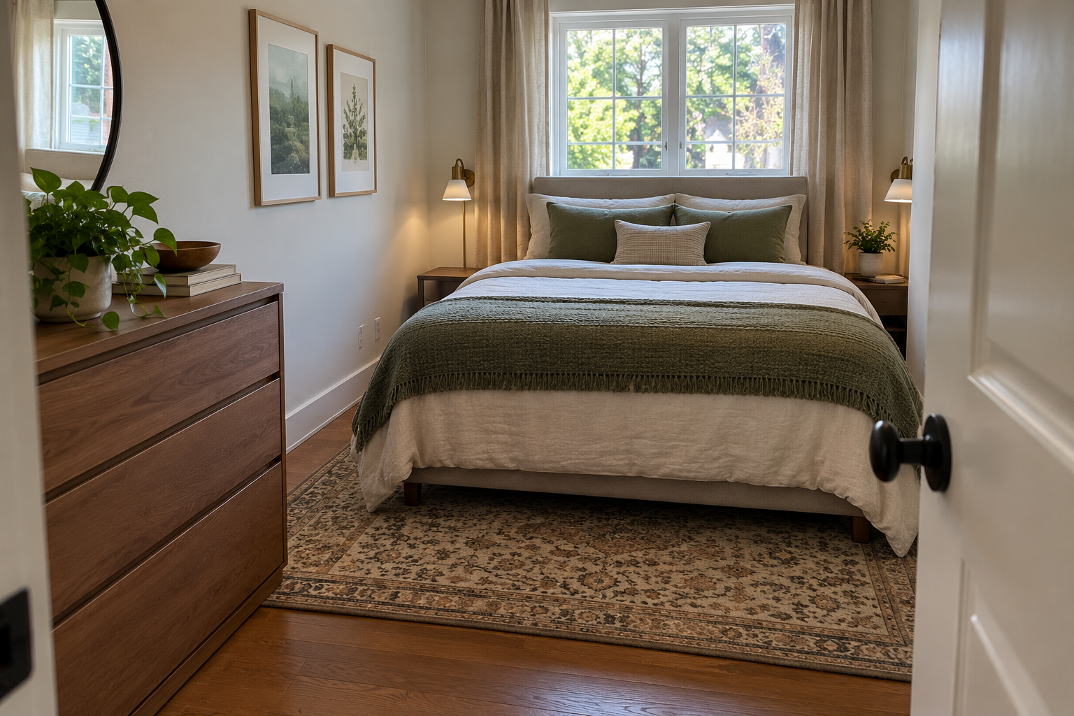 Cozy small bedroom with a full bed, walnut dresser, neutral bedding, olive-green throw, and natural light from a window.