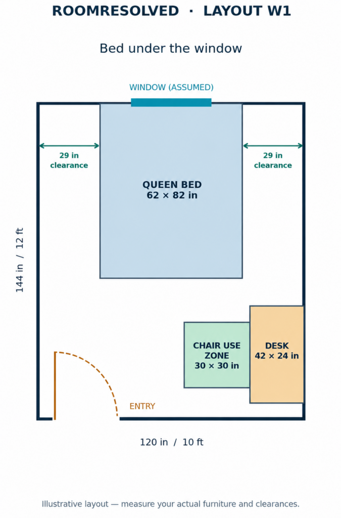 Floor plan of a 10×12 bedroom with queen bed centered beneath window, 29-inch side gaps, and desk along right wall