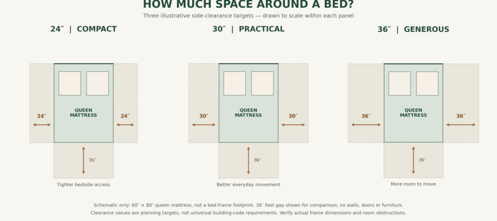 Diagram comparing 24-inch, 30-inch and 36-inch clearances beside a bed