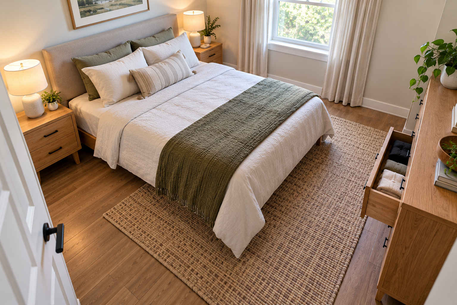 Bedroom with a bed, bedside furniture and dresser illustrating the importance of clearance around a bed.